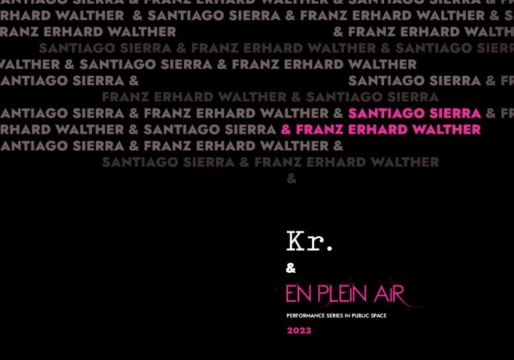 Das Bild zeigt den Titel der Publikation »Santiago Sierra & Franz Erhartd Walter«, die im Verlag Kunstraum München erschienen ist. Der Titel ist eine typografische Gestaltung, dass die Namen der Künstler in rosa auf schwarzem Grund zeigt.